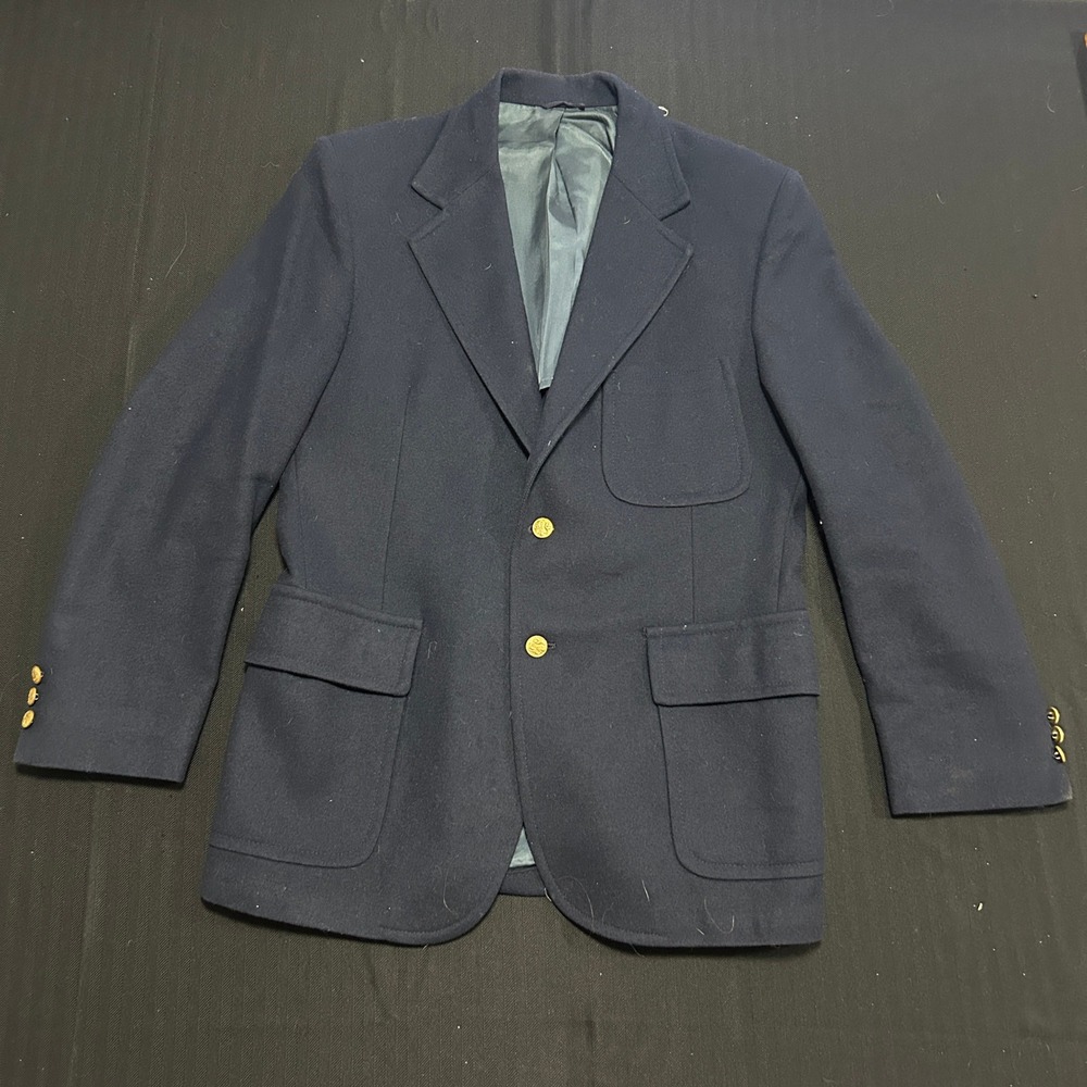 Alexander's Mens Navy Blue 100% Virgin Wool Blazer Gold Crest Buttons Vintage